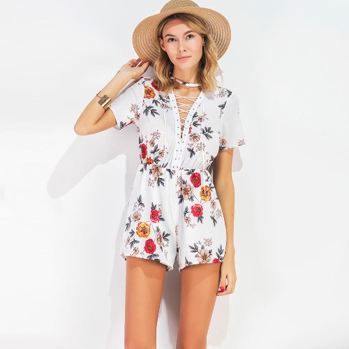 

Sexy Floral Print Criss Cross Plunge V-Neck Summer Rompers