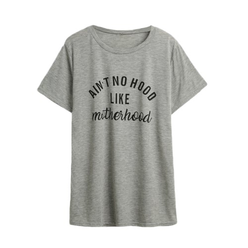 

New Fashion Women T-Shirt Top Letter Print O-Neck Short Sleeves Casual Loose Blouse Grey