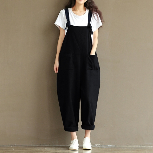 

Women Loose Jumpsuit Overalls Solid Sleeveless Pockets Wide Legs Dungarees Playsuit Rompers
