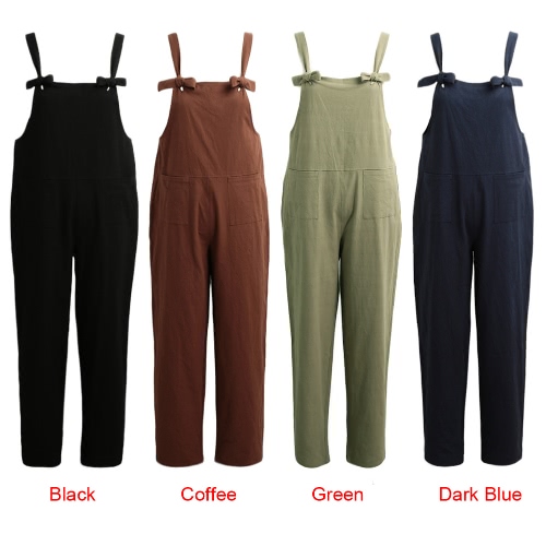 

New Women Loose Jumpsuit Overalls Solid Sleeveless Pockets Wide Legs Casual Dungarees Playsuit Rompers