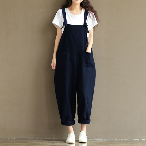 Nuovi pantaloni sciolti delle nuove donne tasche solide senza maniche larghe gambe casual Dungarees pantaloni di tuta