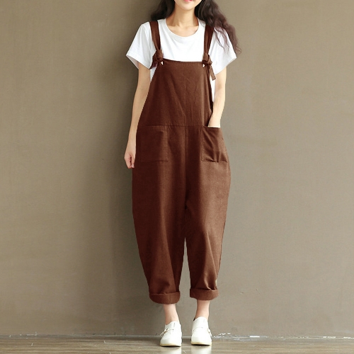 

Women Loose Jumpsuit Overalls Solid Sleeveless Pockets Wide Legs Dungarees Playsuit Rompers