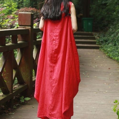 Women Maxi Sleeveless Tunic Dress Plus Size Pockets O Neck Solid Loose Mori Swing Tank Dress White/Red