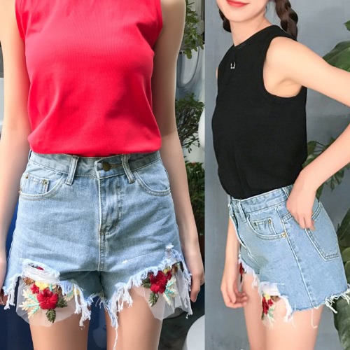 

New Fashion Women Denim Shorts Floral Embroidery Frayed Ripped High Waist Slim Short Jeans Light Blue