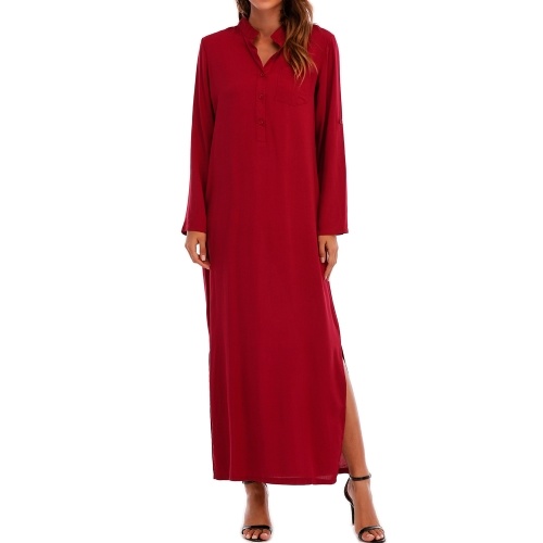 Women Retro Long Maxi Dress Elegant Sexy Ladies Long Sleeve Stand Collar Long Line Split Solid