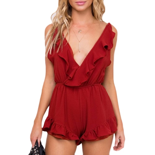 

Sexy Women Solid Ruffle Deep V-neck Sleeveless Backless Rompers
