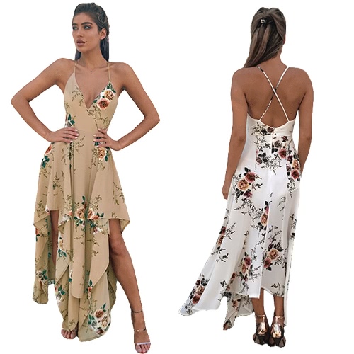 

Sexy Women Maxi Dress Deep V Neck Floral Print Asymmetrical Summer Beach Bohemian Long Slip Dress White/Khaki