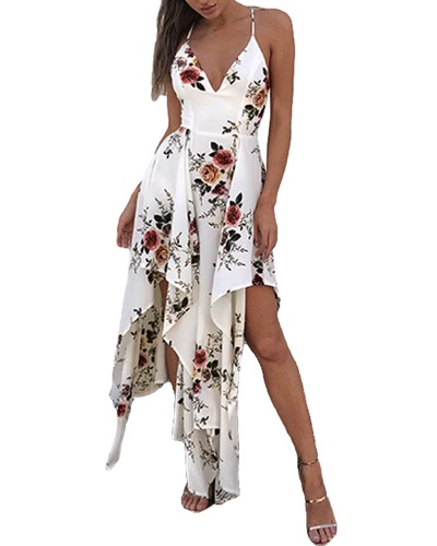 

Sexy Deep V Neck Floral Print Asymmetrical Bohemian Women's Dress