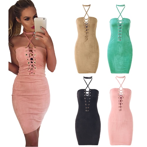 

Sexy Women Summer Off Shoulder Dress Halter Crisscross Bandage Bodycon Mini Tube Dress Party Clubwear