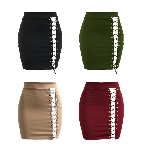 

New Sexy Women Bodycon Skirt Lace-Up Hollow Out Bandage High Waist Solid Short Skirt