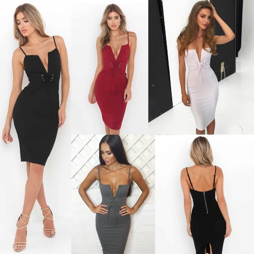 

Women Pencil Dress Solid Plunging V Neck Sleeveless Bandage Lace Up Midi Backless Bodycon One-Piece