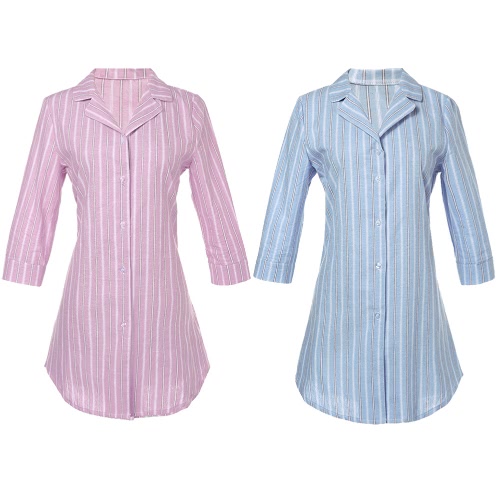 

Fashion Women Striped Shirt Button Front Turn Down Collar 3/4 Sleeve Loose Long Shirt Tops Blouse Pink/Light Blue