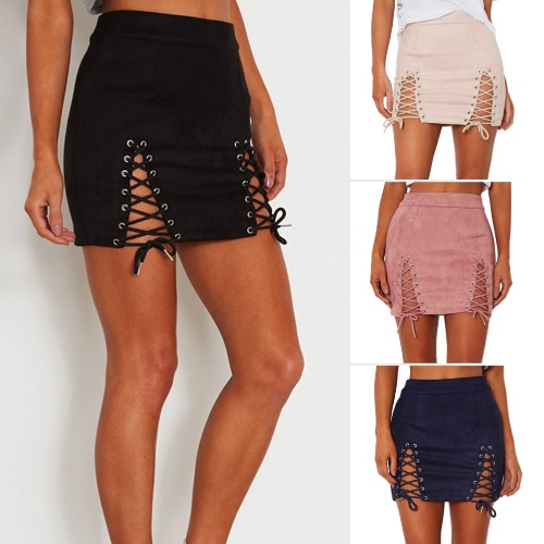 

Women Lace-up Suede Skirt Slit Eyelets Straps Party Short Suedtte Mini Skirt