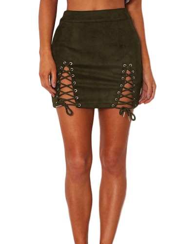 Женщины Lace-up Suede Юбка Slit Eyelets Ремни Party Short Suedtte Мини-юбка