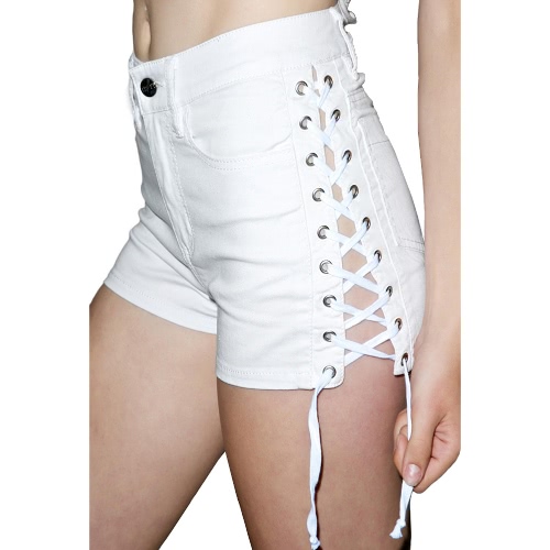 

Sexy Denim Crisscross Bandage Button Высокие талии Женские короткие джинсы
