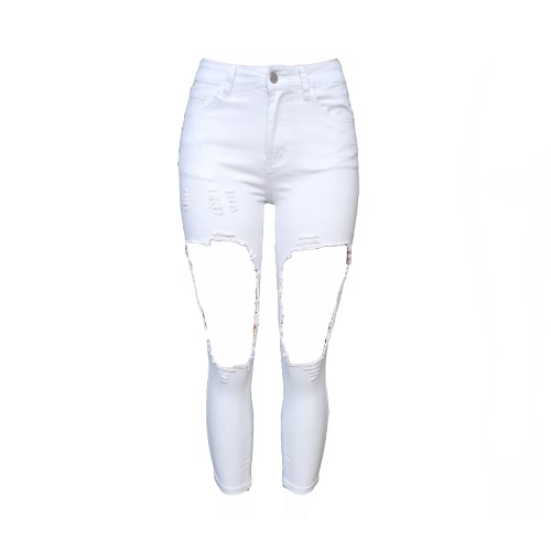 Mujeres Cropped Stretchy agujero rodilla cremallera mediados de cintura apenada Jeans