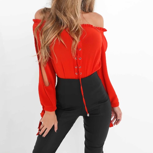 

Sexy Off Shoulder Lace Up Cut Out Long Sleeve Tie Cuff Women's Blouse