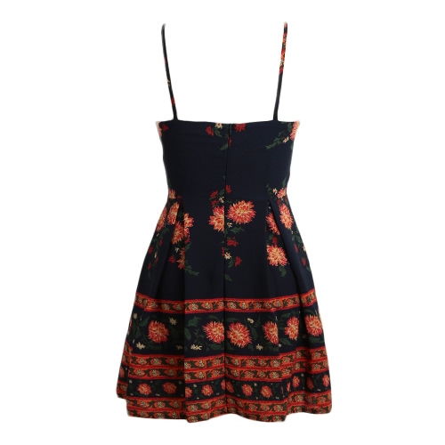 

Sexy Women Mini Dress Vintage Floral Print Strappy Sleeveless Backless Casual A-Line Dress Black