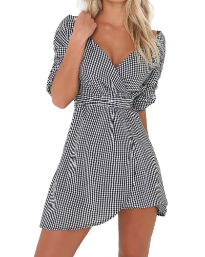 

Sexy Off Shoulder Striped Plaid Deep V Neck Waist Women's Dress