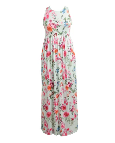 New Women Sexy Floral Print Dress Tunique à manches sans manches Maxi Beach Long Loose Dress