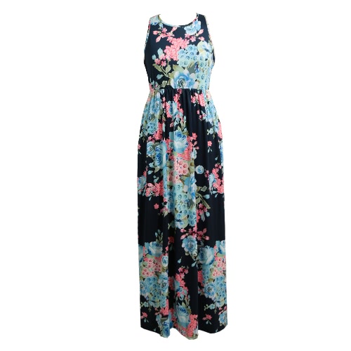 New Women Sexy Floral Print Dress Tunique à manches sans manches Maxi Beach Long Loose Dress