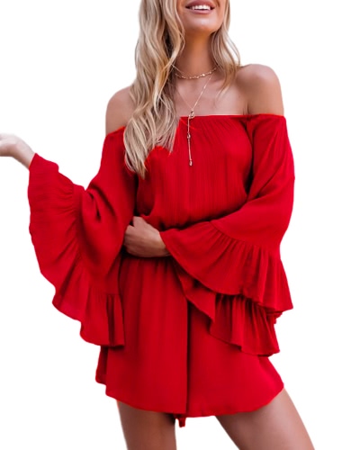 

Sexy Off Shoulder Boho Slash Neck Long Flare Sleeve Ruffle Women's Rompers