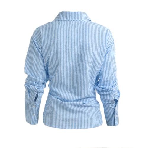 

New Fashion Women Blouse Striped Single Breasted Long Sleeves Casual Loose Top Blue