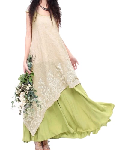

Vintage Loose Floral Embroidery O Neck Two Layers Long Women's Dress