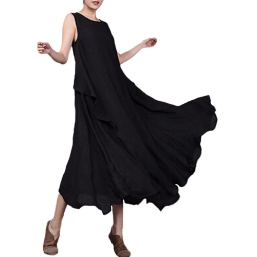 

Летнее без рукавов O шеи Длинные Maxi Linen Loose Плюс Размер Женское платье