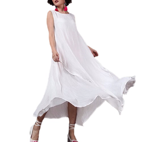 

Women Summer Dress Sleeveless O Neck Long Maxi Linen Dresses Loose Plus Size Dress