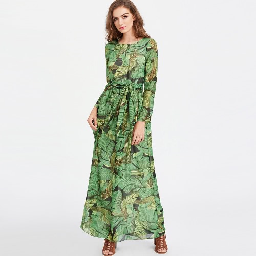 Boho Women Dress Leaves Print Self Tie High Waist Floor Length Long Gown Tropical Beach One-Piece Green