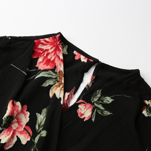

Women Floral Long Dress Deep V Neck High Slit Cross Overlap Short Sleeve Elastic Waist Loose Casual Dress