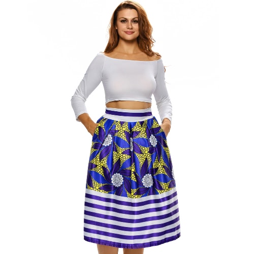 Sexy Pleate Vintage Blumendruck Hohe Taille A-Linie Midi Damen Rock