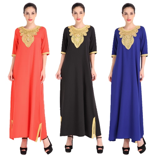 

Fashion Women Muslim Dress Half Sleeve Sequined Split Abaya Kaftan Islamic Arab Robe Maxi Dress Black/Orange/Blue
