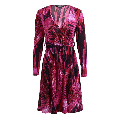 

Fashion Women Mini Dress Sexy V Neck Leaf Print Long Sleeve Leaves