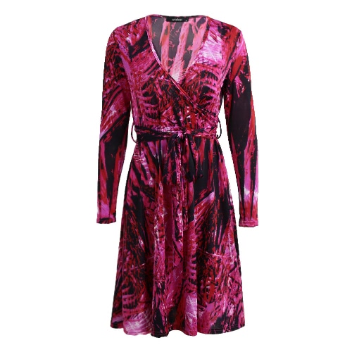 Fashion Women Mini Dress Sexy V Neck Leaf Print Long Sleeve Leaves