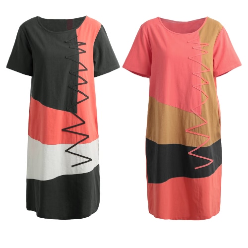 

Women Cotton Vintage Dress Contrast O Neck Short Sleeves