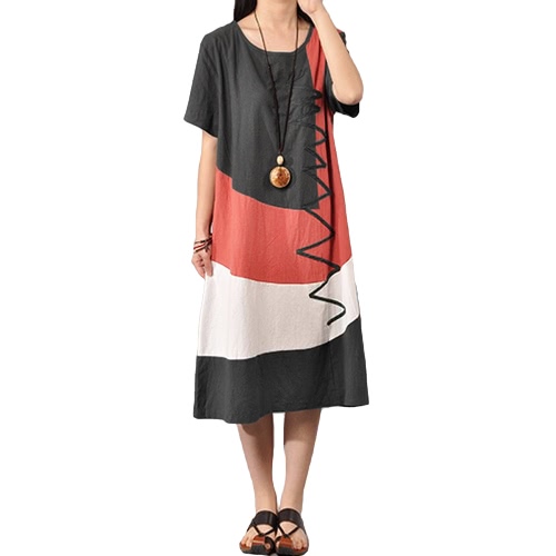 

Women Cotton Vintage Dress Contrast O Neck Short Sleeves