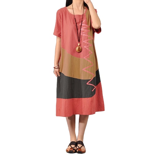

Women Cotton Vintage Dress Contrast O Neck Short Sleeves