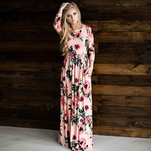 Mulheres Floral Print Maxi Dress O Neck 3/4 Sleeves Bolsos Elastic Waist Long Dress Vestidos