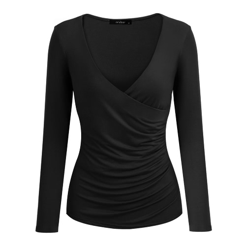 

Sexy Deep V Neck Cross Front Ruched Long Sleeve Women's T-Shirt