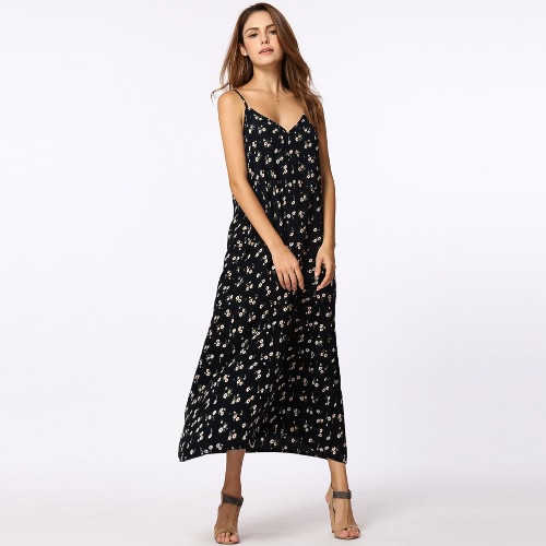 

Sexy Women Maxi Long Strappy Dress Floral Print V-Neck Sleeveless Vintage Casual Loose Dress Black/Dark Blue