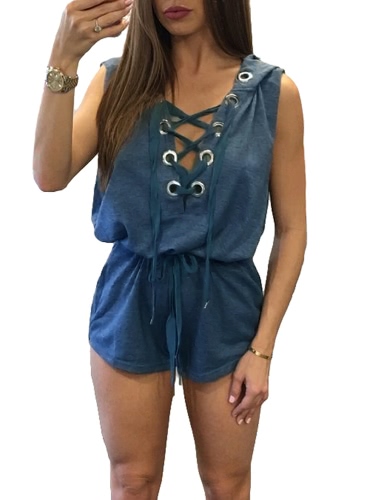 

Sexy Women Hooded Playsuit Deep V Neck Crisscross Lace Up Bandage Sleeveless Short Jumpsuit Rompers