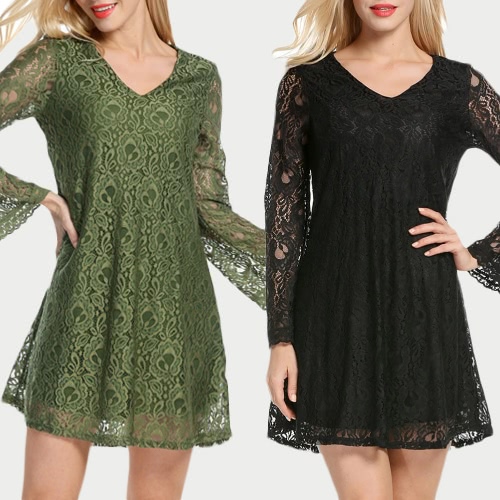 

Sexy Women Mini Dress Lace Hollow Out V-Neck Long Sleeves Elegant Loose Party Dress Black/Green