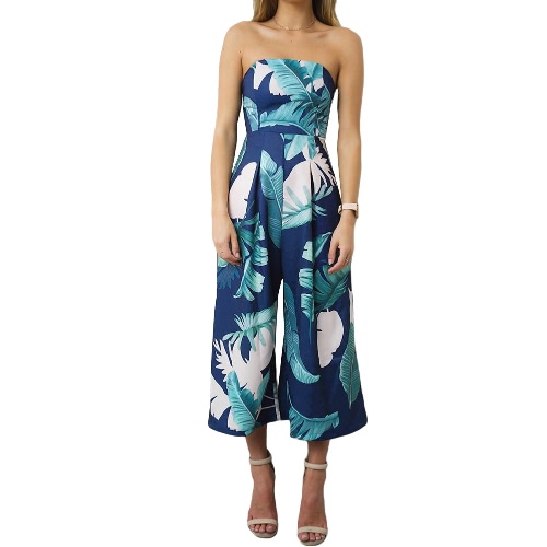 

Women Jumpsuit Strapless Palm Leaf Geometric Print Summer Overalls Pants Sleeveless Playsuit Rompers