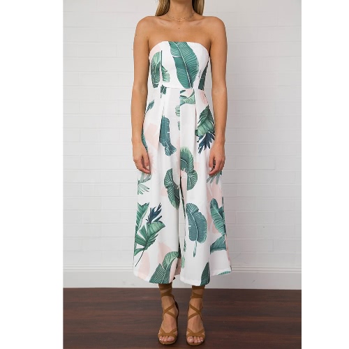 

Women Jumpsuit Strapless Palm Leaf Geometric Print Summer Overalls Pants Sleeveless Playsuit Rompers