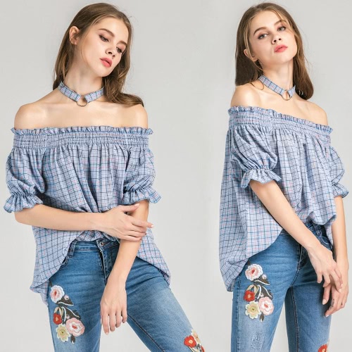 

Новые женщины Блуза плед с плеча Фонарь половину рукавов Backless Элегантный Loose Топ синий