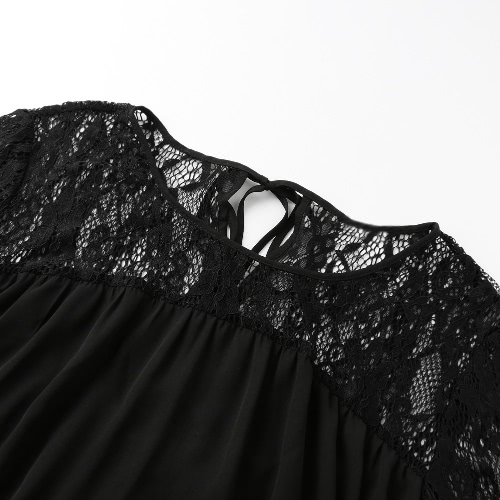 Camicia di giunzione del merletto delle donne di estate delle donne di estate casuale sciarpa solida della camicetta 3/4 maniche collo rotondo femminile superiore bianco / nero