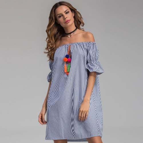 

Sexy Women Off Shoulder Striped Dress Ruffled Half Sleeve Bobble Fringes Loose Summer Mini Dress Blue