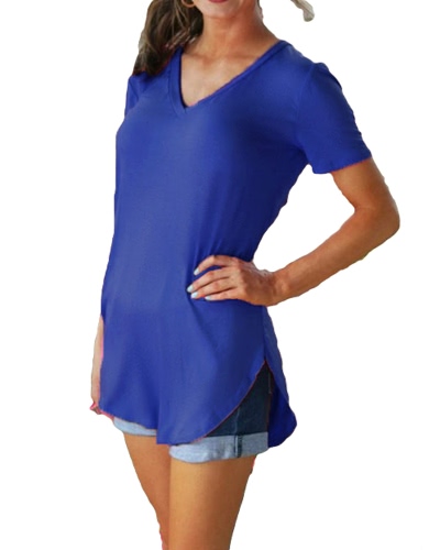 

Fashion Solid Color V Neck Short Sleeve Rounded Hem Women's Casual T-shirt